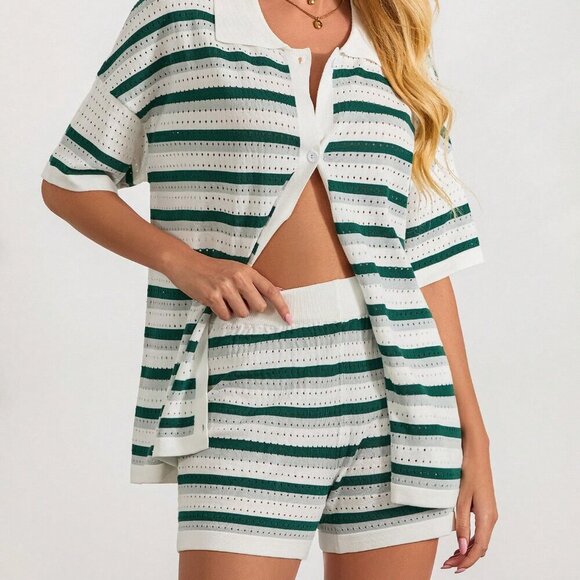 Dark Green Casual Women's Stripe Button Crochet Knit Tops And Shorts Sets - Picture 7 of 10